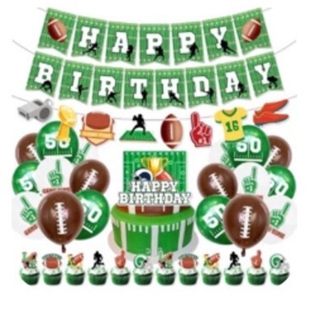 Football Happy Birthday Party Decorations Set Banner Balloons Cake Topper Green